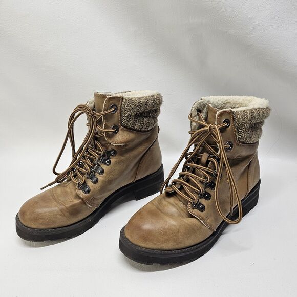 Brown Winter Boots Size 8M – Knit Cuff Lace-Up Faux Fur Cozy Outdoor Footwear - Picture 1 of 7